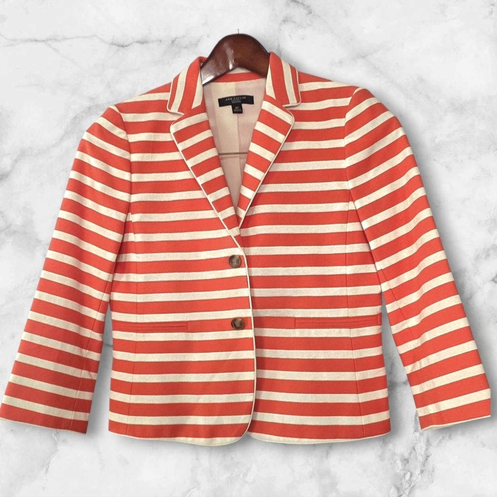 Ann Taylor Petite Coral Orange and White Striped Blazer (SIZE:4P)